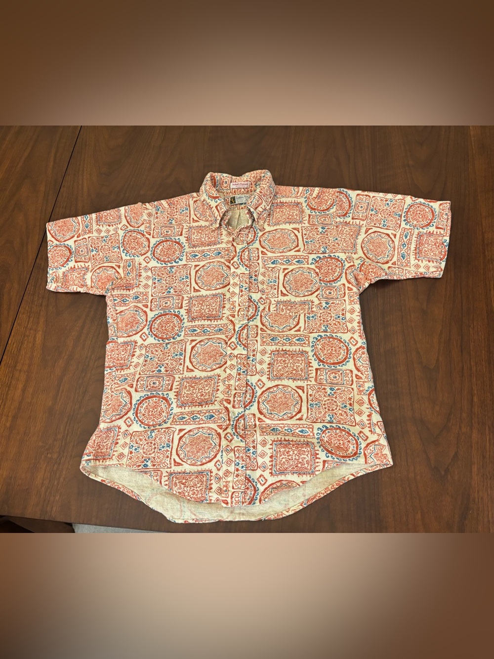 Vintage Hopsack Golden Vee Cotton Geometric Print Shirt Mens M Button Down 70s